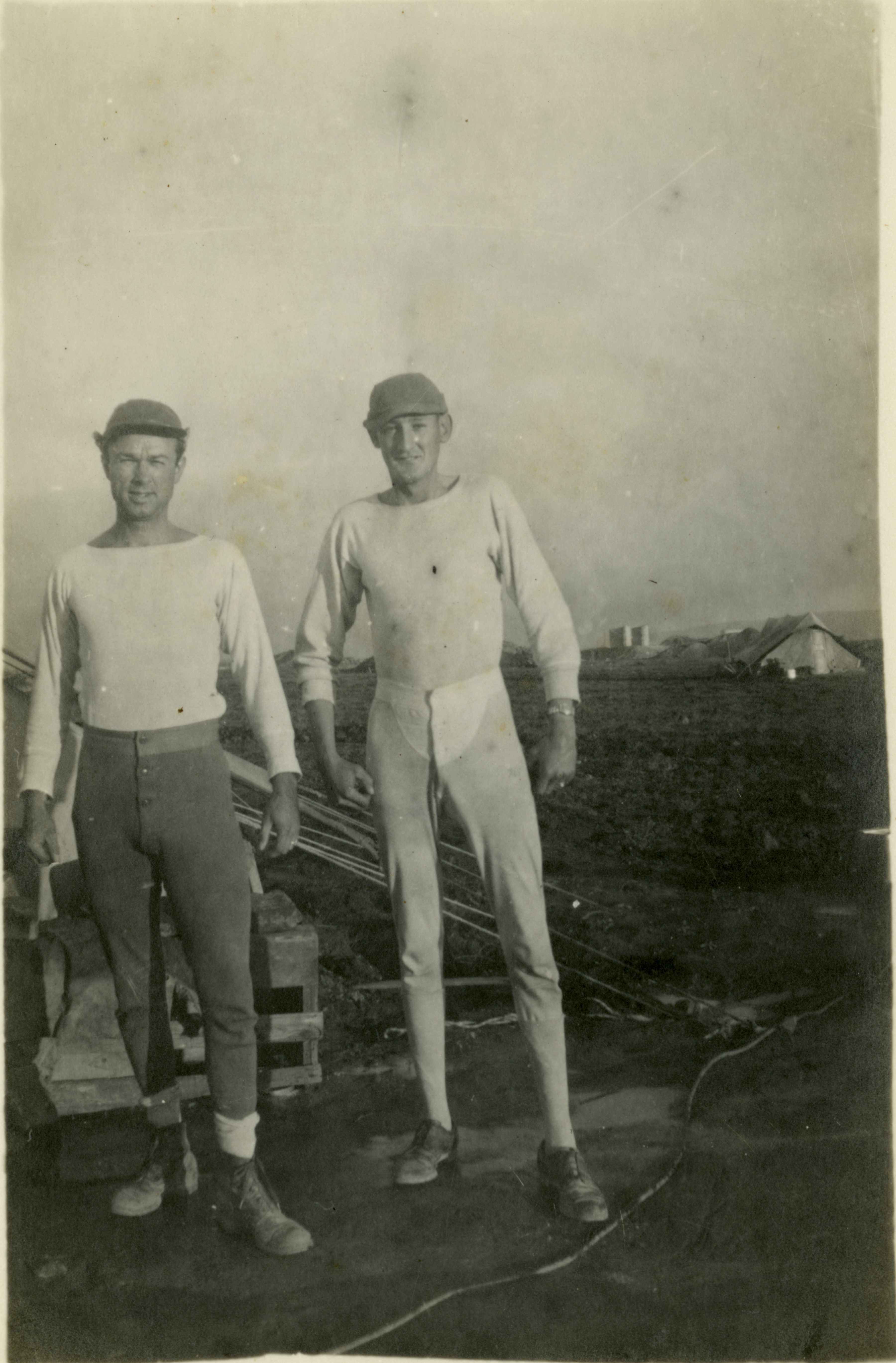 United States servicemen Harm and Kinney in long underwear, location  unknown, 1941-45
