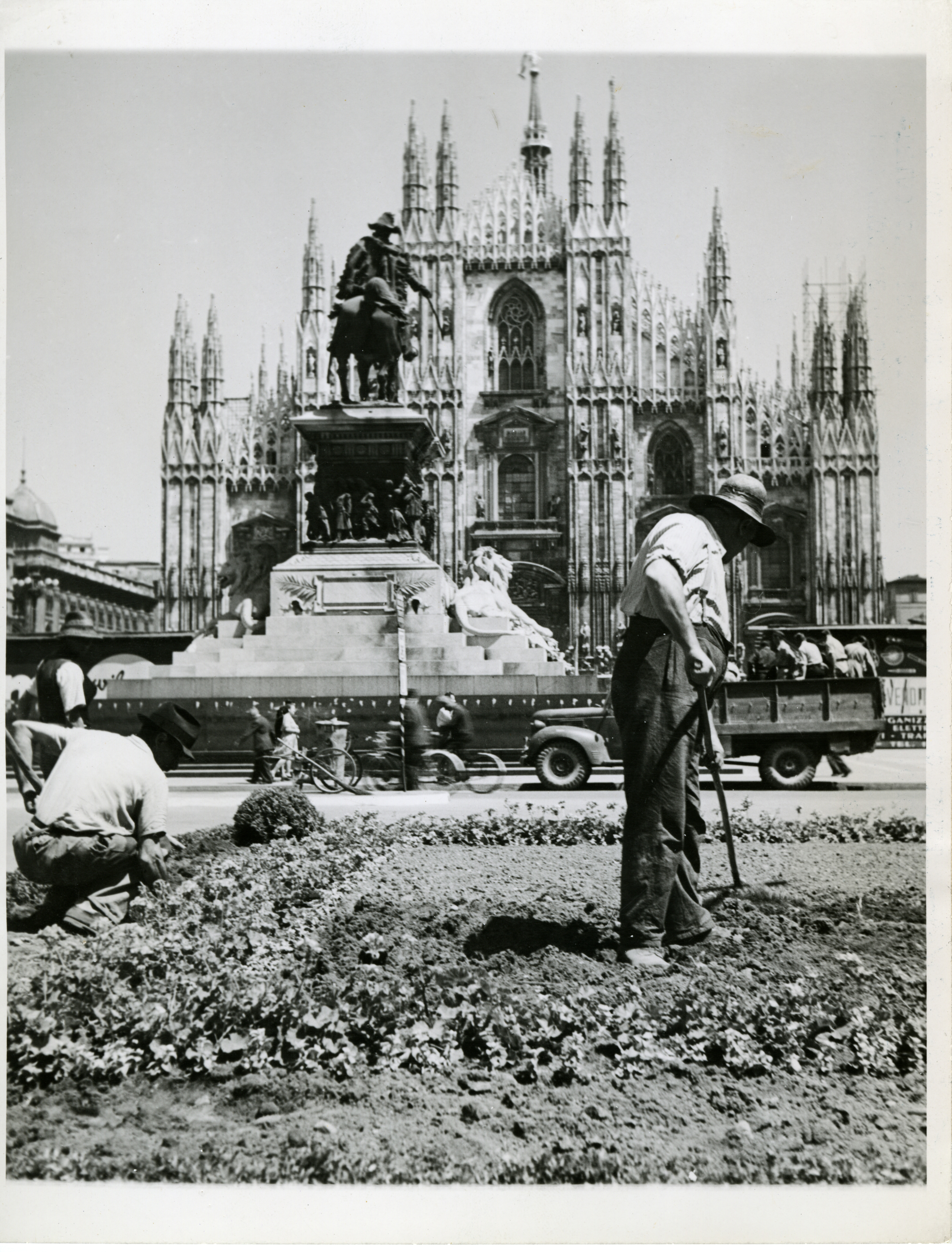 Gardeners working on a plot of flowers in the Piazza Duomo, Milan ...